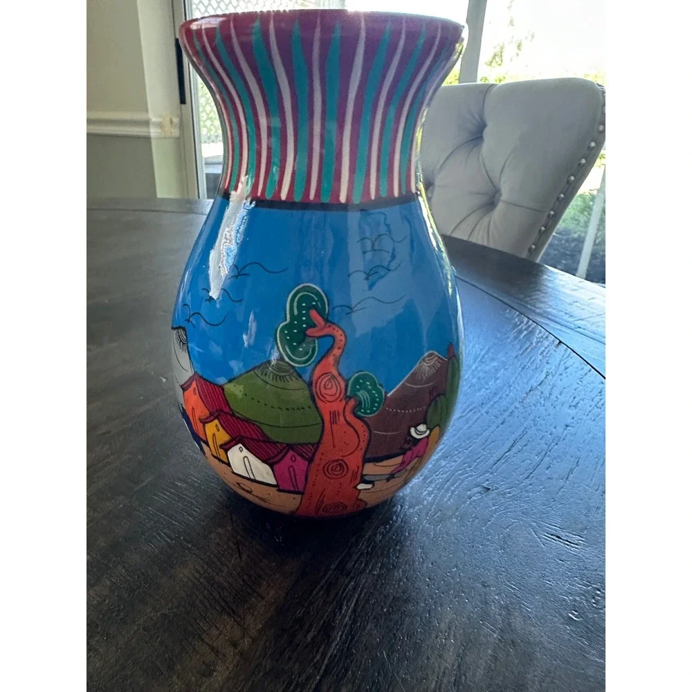 Hand Painted Mexican‎ Pottery Pitcher Folk Art Village Scene signed VGUC
